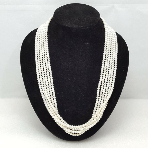 Beautiful 14K Karat Yellow Gold Graduated 6 Six Strand Row Pearl Necklace